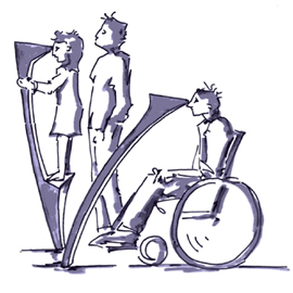 Zeichnung von Stative mit Magischen Kameras durch die groe und kleine Menschen, Rollstuhlfahrer jeweils die gewnschte Projektion im richtigen Winkel sehen knnen